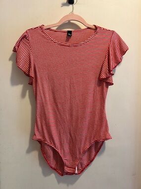 Stripped Body Suit with Scallop Sleeves